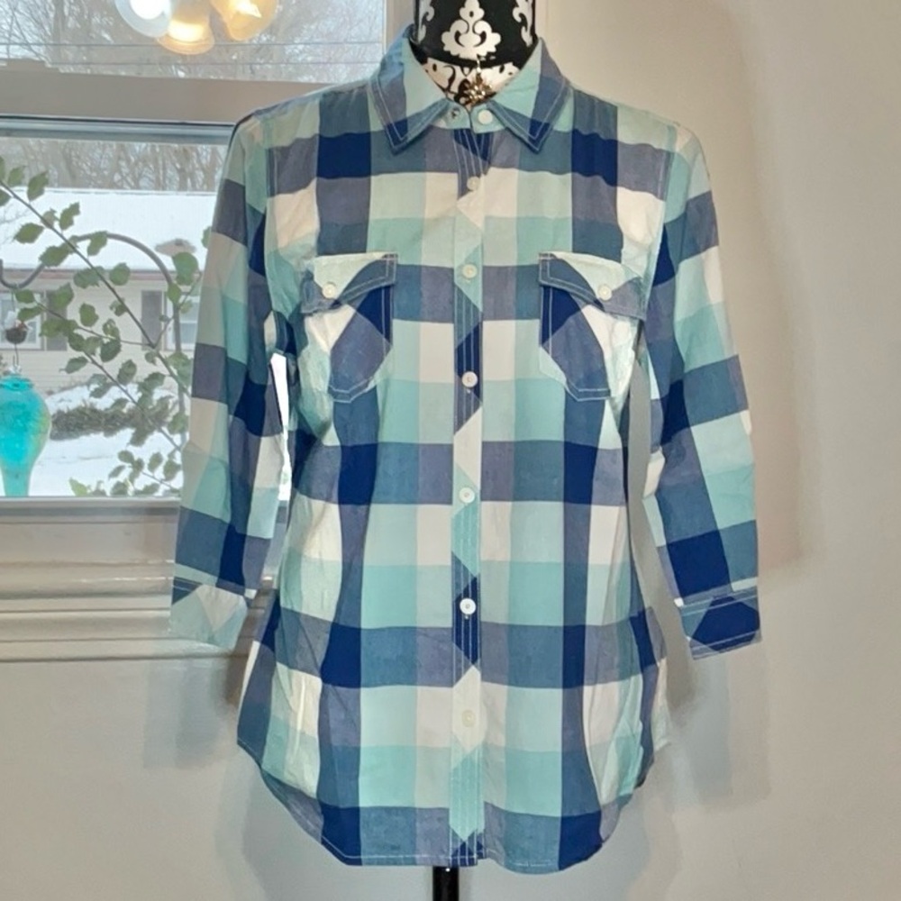 Sonoma Blue & White Plaid Cotton 3/4 Sleeve Button Up Casual Shirt Size Medium